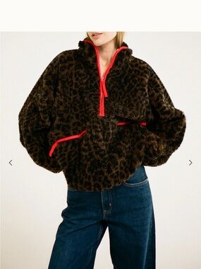 Women’s Leopard Sherpa Teddy Jacket with Red Trim